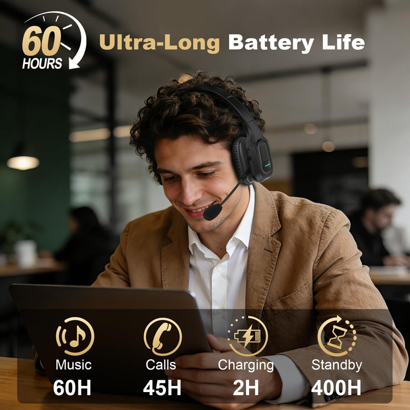 Bluetooth Headset for Truck Drivers, Single Ear Wireless Headphone with Noise Cancelling Mic, Mute Button, Hands-Free Calling, 60H Battery Life for Call Center, Office & Mobile Phone