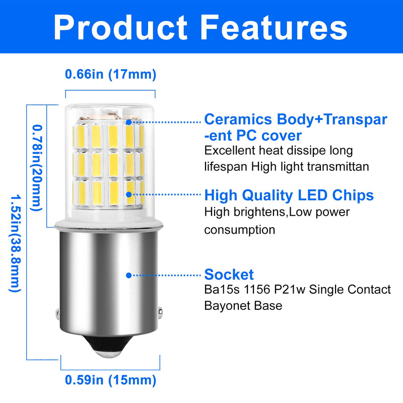 1156 Ba15s 12V 24V 3w LED Light Bulb 6000K Daylight White, 1141 S8 Bayonet Bulb Socket Single Contact, for Landscape, RV, Boat Mower Lawn Tractors, Reversing lights. Pack of 3 ba15s 12v White