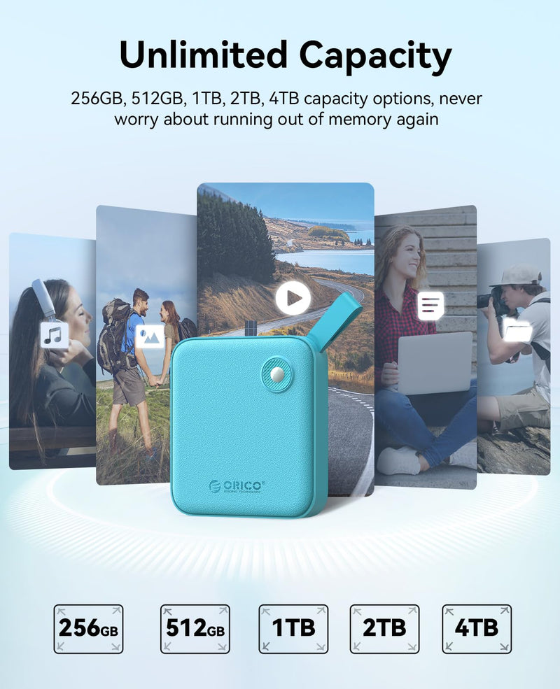 ORICO Portable SSD 512 GB with 2 in 1 USB C Cable, External Solid State Drives, Up to 460MB/s, Status Indicator, Reliable Storage for USB-C Smartphone, PC - B5PLUS(Blue) 512GB Blue