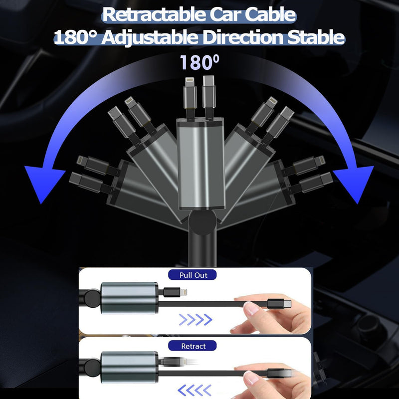 66W Retractable Car Charger Fast Charging,4 in 1 Car Charger USB Fast Charge with Retractable USB C Cable + Lightning Cable,USB C Port and USB A Port Car Phone Charging for iPhone 17/16/15/14/13,iPad