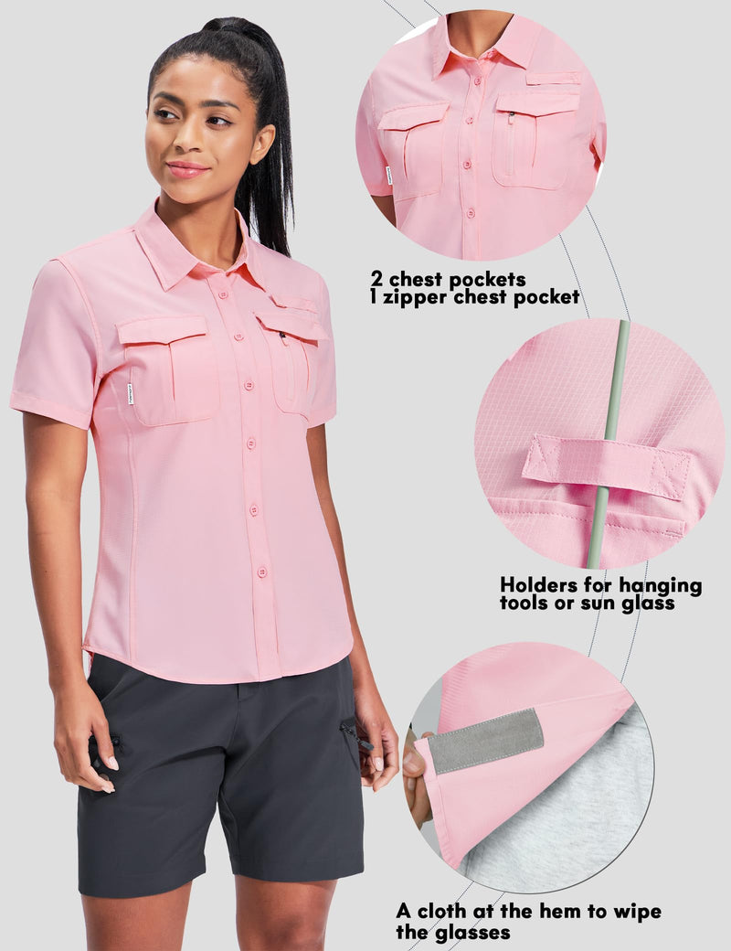 Haimont Women's Sun Protection Fishing Hiking Shirts Button Down Short Sleeve Water Resistant Quick Dry Outdoor Light Pink Small