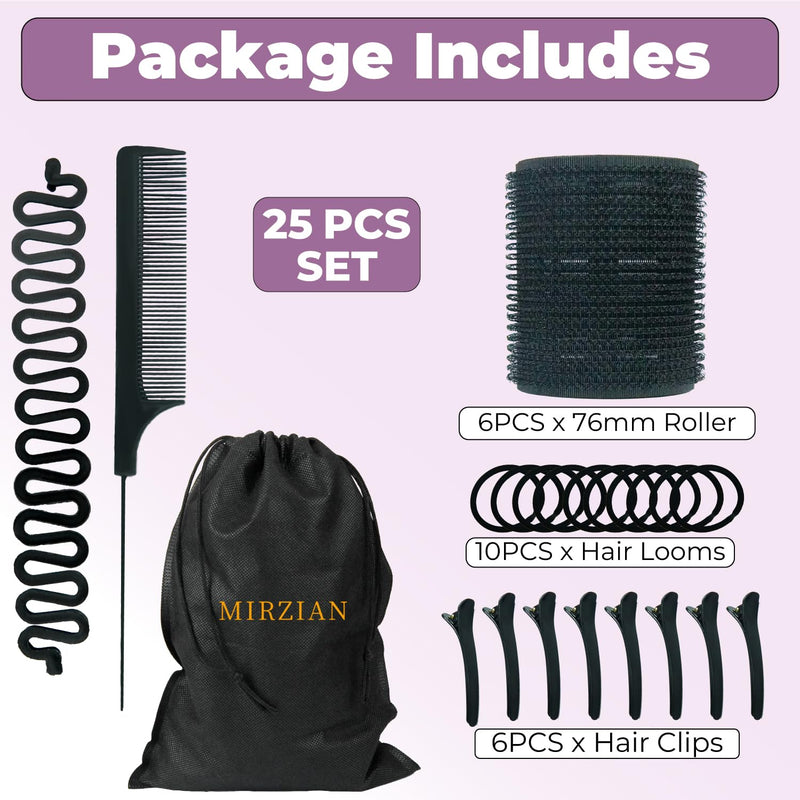 25 Pcs Hair Rollers Set – 6 Extra Large 76mm Rollers with 6 Clips, 10 Grips, Comb, Braid & Storage Bag – Big Hair Rollers & Fringe Roller for Volume, Bangs, Heatless Curls, Travel-Friendly Styling