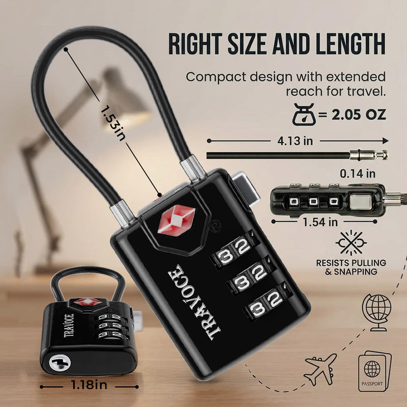 TSA Approved Luggage Locks, Combination Cable Locks, 6 Pack, Black | Search Alert shows TSA key access; resettable 3-digit code and flexible braided steel cable for suitcases and backpacks. 1.4*0.72*3.54 in Black 6 Pack