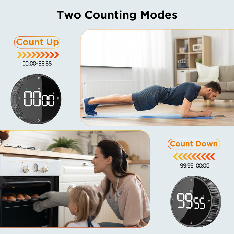 Rechargeable Magnetic Kitchen Timer-Loud Alarm Visual Productivity Timer&Pomodoro Timer with Large LED Display,3 Presets(5/15/25min),3 Volume Levels.Ideal for Cooking Fitness&Office Use(Blk) Black