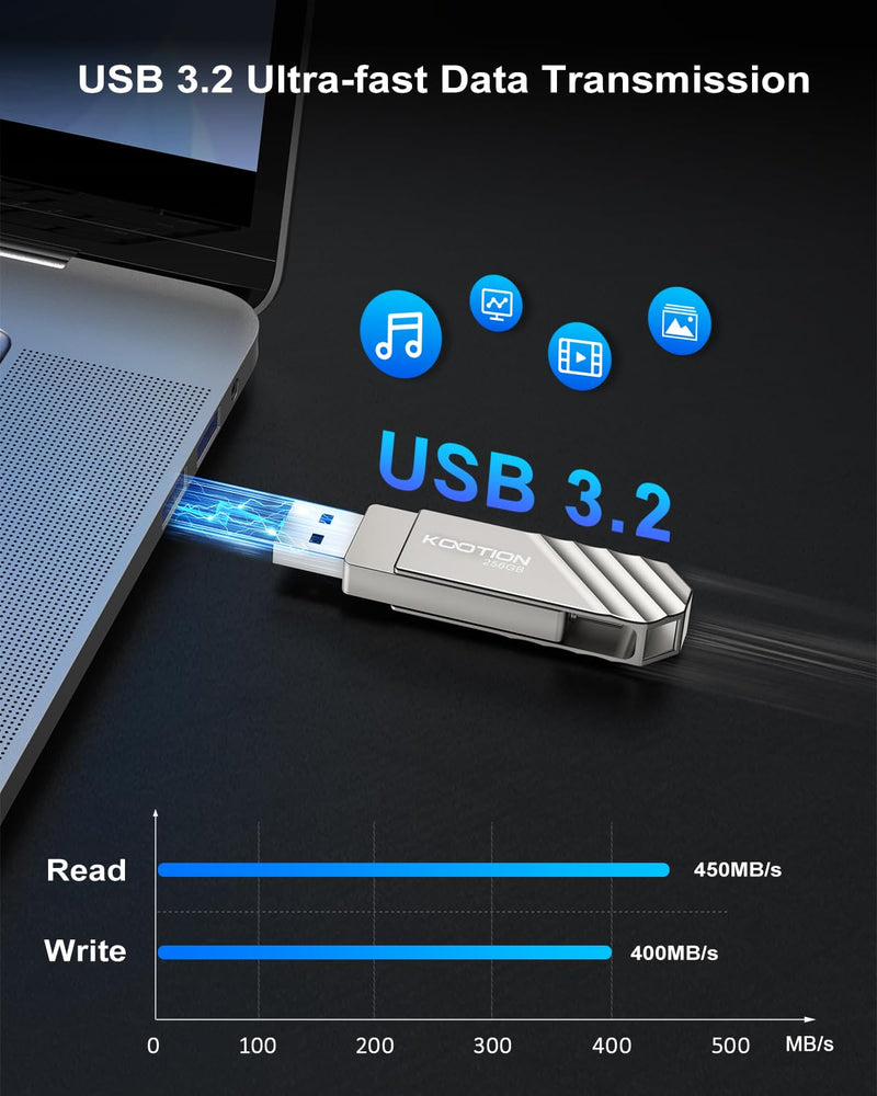 KOOTION 256GB USB 3.2 Flash Drive Metal Type C USB Solid State Drive Up to 450MB/s Dual USB C Flash Drive Swivel Thumb Drive Pen Drive Memory Stick for iPhone15, Silver Up to 450 MB/s