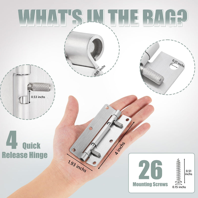 4 Inch Quick Release Hinge, Stainless Steel 304, Detachable, Spring Release Hinges with 6 Holes for Cabinet Lids, Electrical Enclosure Doors, Horizontal & Vertical Mounting (4, 4 inch)