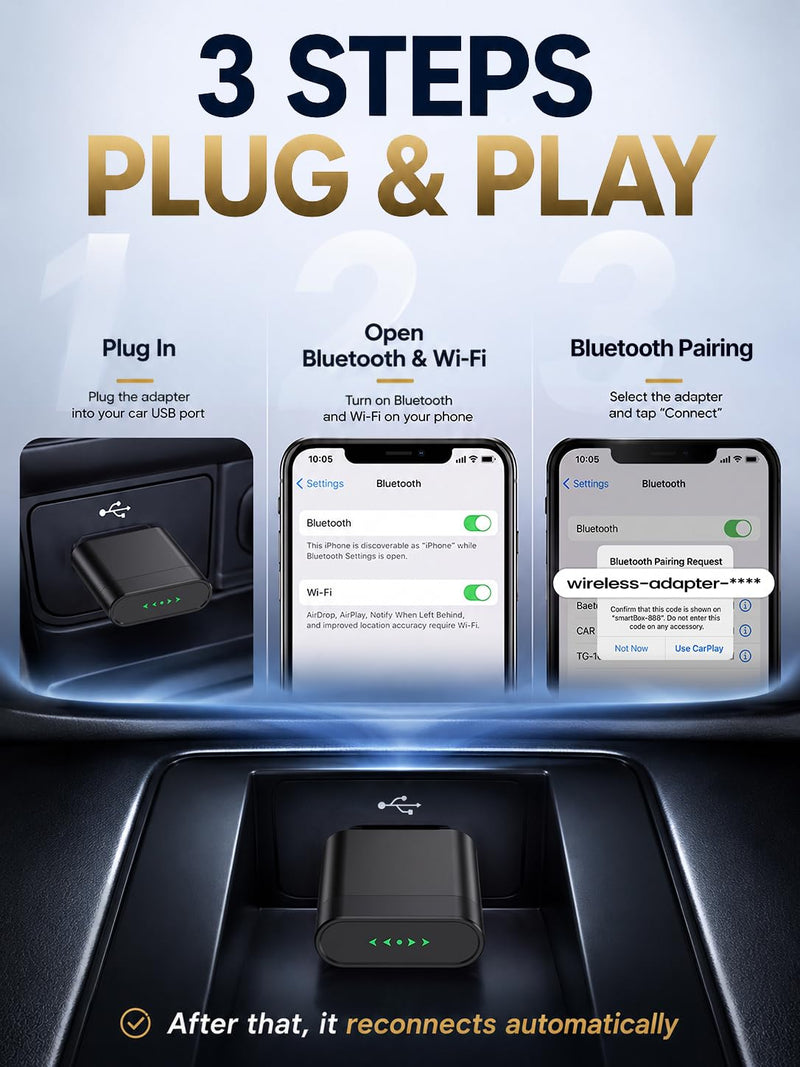Wireless CarPlay Adapter & Android Auto Dongle | Bluetooth 5.3, 5G WiFi, USB-A/USB-C, Gold-Plated Connector, Plug & Play, For 2016+ OEM Wired Cars Black