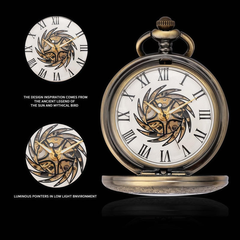 Mechanical Pocket Watch, for Men Women Special Magnifier Half Hunter Engraved Case Roman Numerals with Chain Ba. Sun-God-Bird, Bronze Black
