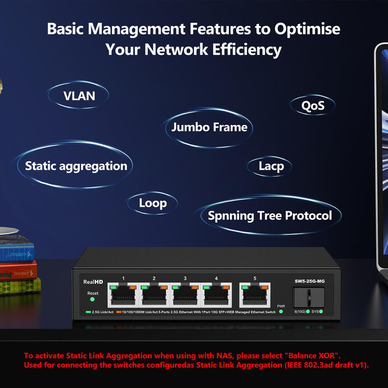 5 Port 2.5GB Web Managed Ethernet Network Switch | 5 x 2.5 Gigabit | 1 x 10Gb SFP+ | Multigig Switch 10-100-1000Mbps | 45G Bandwidth | Fanless Metal Internet Switch 5 Port 2.5GB Web Managed Switch