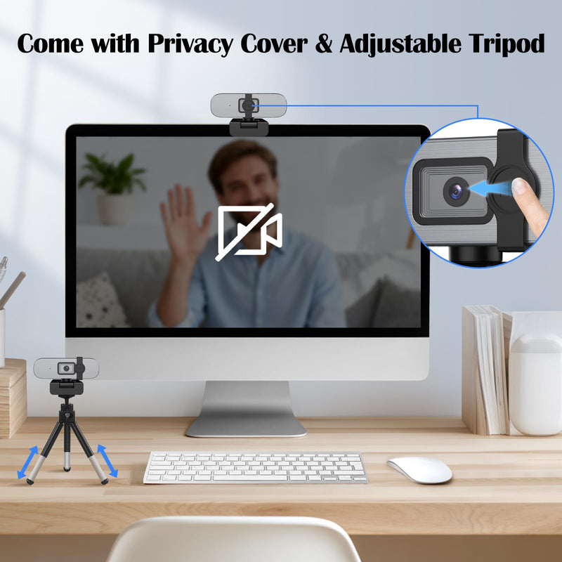 YQE 4K Webcam with Tripod, UHD Web Cam with Microphone, PDAF Autofocus Webcam with Remote Control, Privacy Cover, USB Type-A & A-to-C Adapter Computer Camera for Calling, Zoom/Teams/Facetime/Switch 2 Grey + Black
