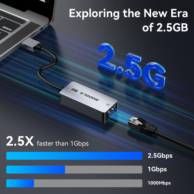 Sodola USB to Ethernet Adapter 2.5Gb, Ethernet Adapter for Laptop, Aluminum, USB 3.0 to RJ45 Network Internet LAN Adapter, Compatible for NAS,Laptop,Tablet, PC Unter Windows 11/10/8, macOS USW SL-2.5GU