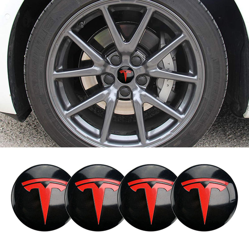 Wheel Cover Center Emblem Sticker for Tesla Model 3 Model Y Hubcaps Wheel Rim Cover Red Emblem & Gloss Black Background (4PCS) (Black& Red) Black & Red