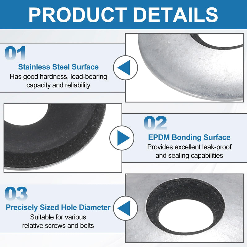 uxcell 200Pcs 3/8" x 1" Sealing Washers, 304 Stainless Steel EPDM Bonded Neoprene Rubber Washers for Screws Bolts, Silver&Black 3/8" x 1" 200