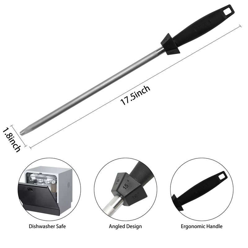 Knife Sharpener Knife Sharpening Rod Honing Steel with 15°-18°-20°Angle Guides Professional Carbon Steel with Black Rubber Grip for Kitchen Chef House Gift 12'' G Type-Black 12 inch