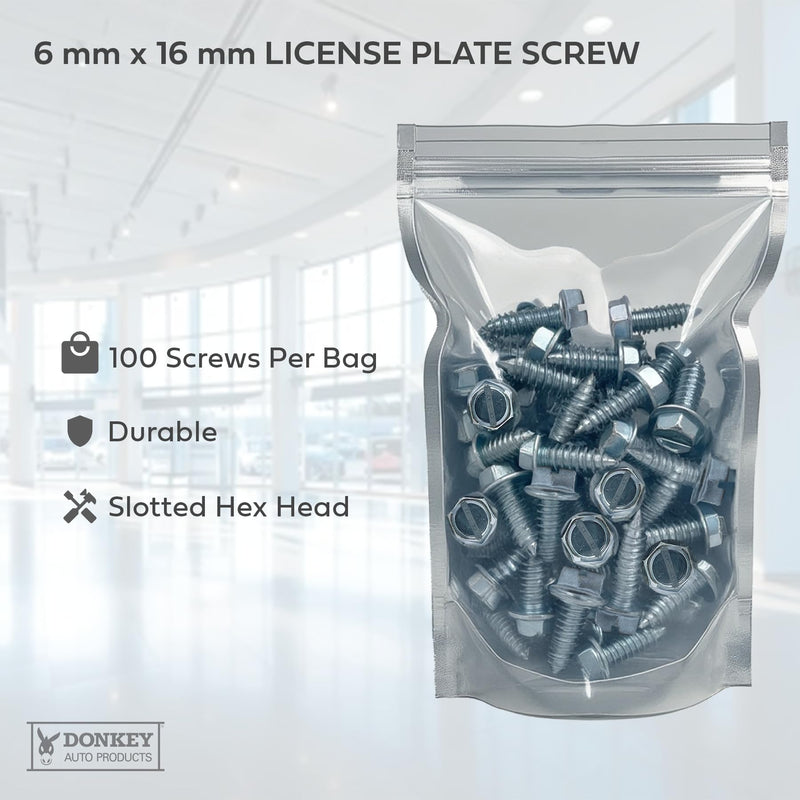 License Plate Screws - Slotted Hex Head - Metric - 6mm x 16mm - for Vehicles (100 per Pack)