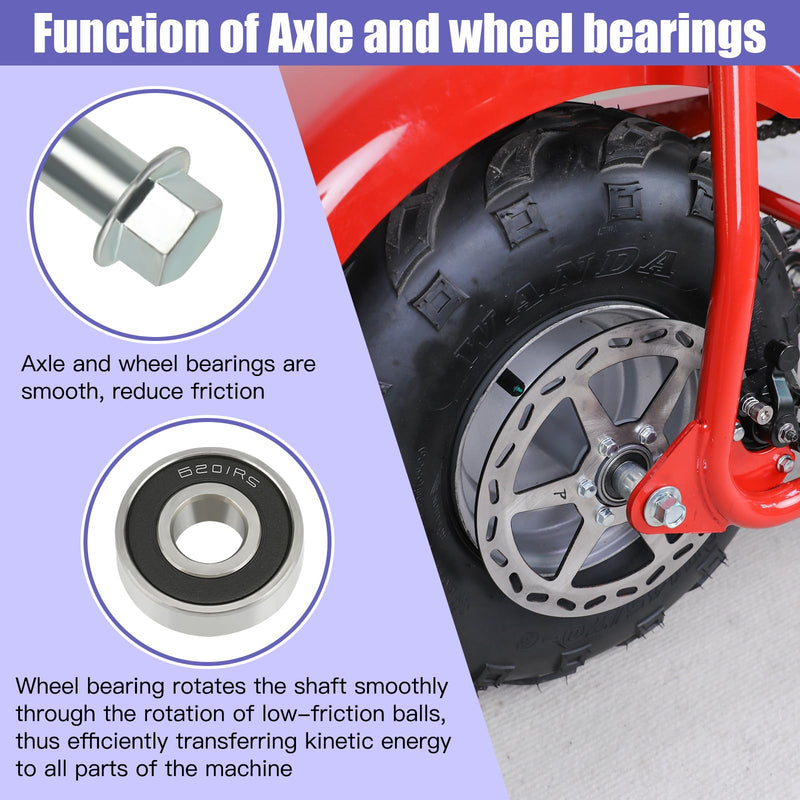 12mm 270mm Mini Bike Rear Axle Nut Bolt with 6201RS Wheel Bearings Replacement for Coleman CT100U Minibike 97cc 100cc 2.5 3.0HP Powersports Accessories Parts