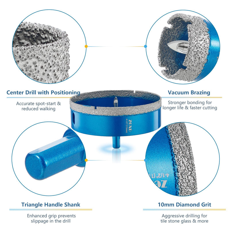 4-1/2" Diamond Hole Saw Bits with Pilot Drill Bit-1pcs 115mm Diamond Tipped Tile Hole Saw with Guiding Bit for Porcelain Tile Ceramic Pottery Granite Stone Glass Bottles(3/8" Triangle Shank) 4-1/2"(115mm)