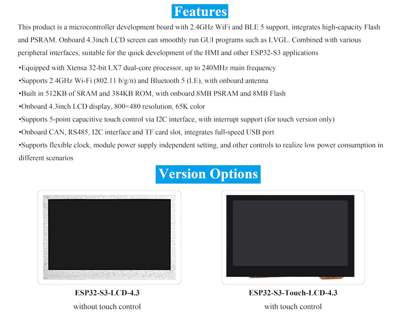 ESP32-S3 4.3inch Display Development Board, 800x480 Pixel IPS LCD Screen, 32-bit LX7 Dual-Core Processor, Up to 240MHz Frequency, Onboard CAN RS485 I2C Interfaces, Support W F& BLE 5 (No Touch)