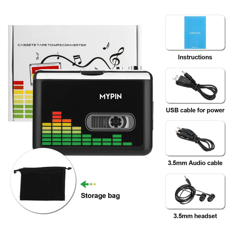 USB Cassette to MP3 Converter, Portable Walkman Cassette Audio Music Player Tape-to-MP3 Converter with Earphones, Volume Control, Auto Reverse, No PC Required Black