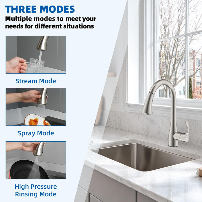 Hibbent Curved Pull Down Kitchen Faucet Head Replacement, 3-Function Kitchen Sink Spray Nozzle with 14 Adapters, Anti-Splash, Compatible with Kohler Bent Faucets, Brushed Nickel Curved Spray Head