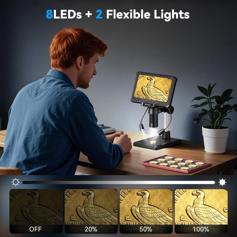 7" LCD Digital Soldering Microscope with Remote and Side Lights | For soldering and PCB inspection. 7" screen, remote and 2 side lights help reduce shake and shadows.