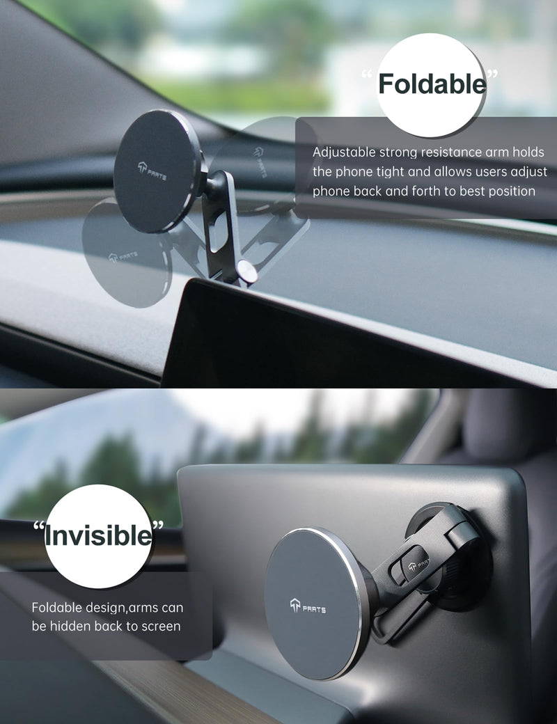 TPARTS Foldable Magnetic Car Cellphone Mount for Tesla Model 3/Y/X/S | Compatible with iPhone 12/13/14/15/16/17 and Other Series Phones with Metal Ring Mag safe Standard