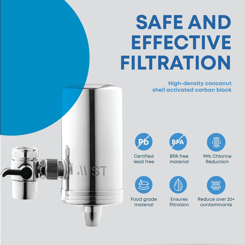 Mist- Water Filter for Sink, Faucet Filter, Stainless Steel, 320 GL Capacity, Reduces Heavy Metal, NSF Certified Faucet Water Filter, Connects to Standard Faucets, Mount Tap Filter