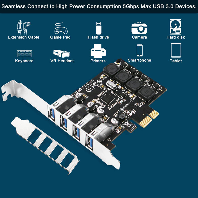 PCIE 4-Ports Superspeed 5Gbps USB 3.0 Expansion Card for Windows 11, 10, 8.x, 7, Vista, XP Desktop PCs, Built in FebSmart Self-Powered Technology, No Need Additional Power Supply (FS-U4L-Pro) FS-U4L-Pro Black