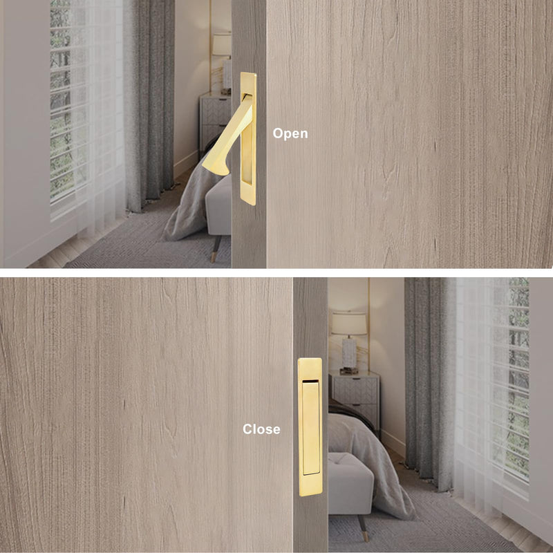 Dontay Pocket Door Passage Latches Lock,Flush Double Sided Rotation,Privacy (Bed/Bath) Latch,Large Lever,Hardware for 1 3/8" to 2 3/16" Sliding Door & Bathroom Doors (Satin Brass, Square - 1 Set) Satin Brass