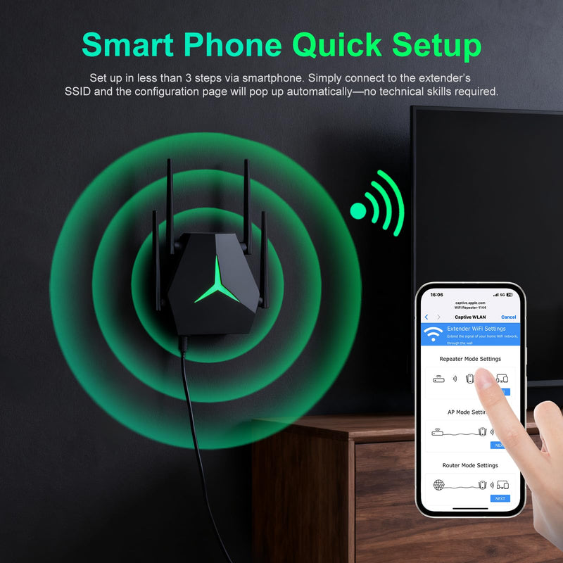 2025 AC1200 WiFi Range Extender, USB Dual Band 5GHz/2.4GHz WiFi Repeater with 3 Modes & 2 Ethernet Ports Cover up to 12000 Sq.ft, EX004 Internet Signal Booster for Whole Home, Plug and Play (Black) Black