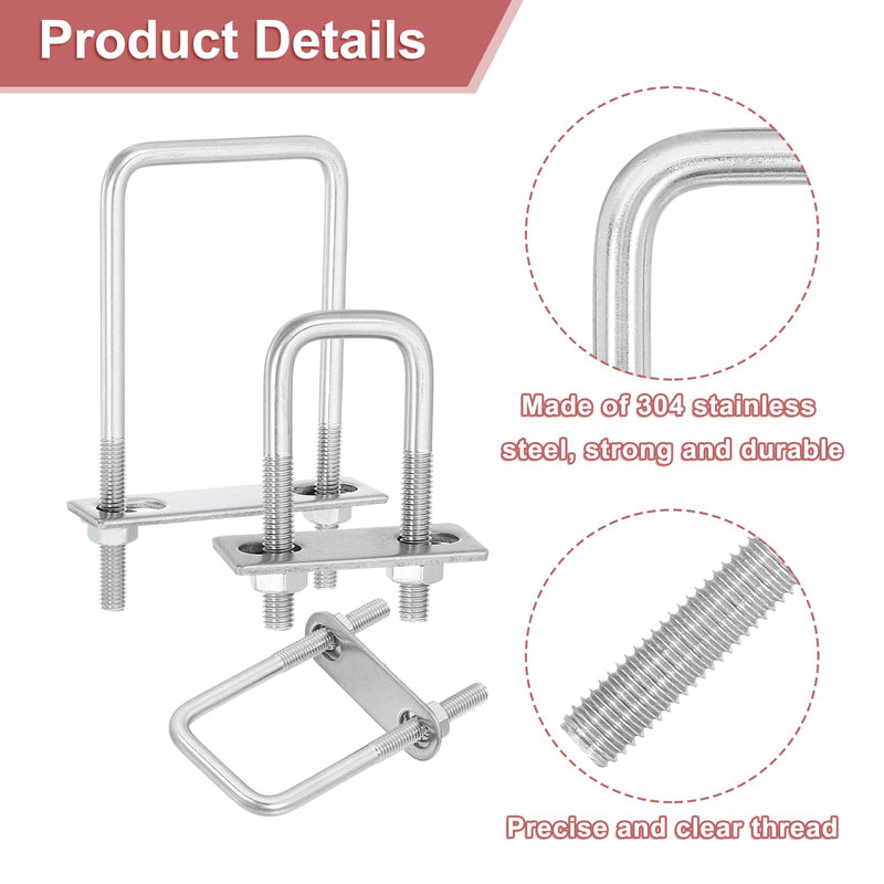 uxcell 4Sets 304 Stainless Steel Square U-Bolts, 2.05" (52mm) Inner Width 5.12" (130mm) Length M8 with Nuts, Frame Plate, Gasket for Automobiles Trailer, Ski Boat, Fishing Boat, Pipelines 50x130mm(W*L) 4