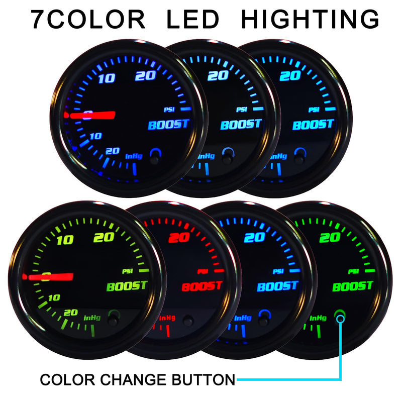 Tinted 7 Color Turbo Boost/Vacuum Gauge 30 PSI Kit 2"(52mm) Includes Mechanical Hose T-Fitting Wiring Multi Color Display White Housing Black Dial Smoked Lens for Car Truck
