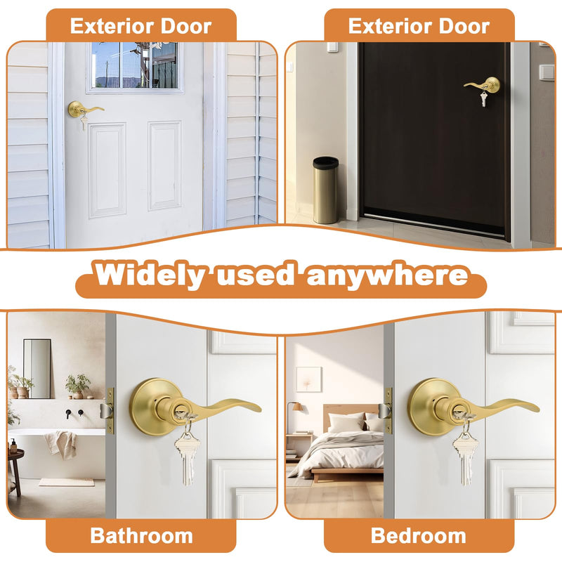 Probrico Brushed Gold Door Handles Front Exterior Door Handles with Lock and Keys, Gold Entry Door Lever Wave Style Reversible, 1 Pack
