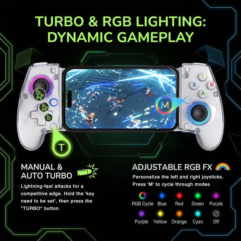 Transparent Phone Controller for iPhone, Android Mobile Controller Wireless Gaming Gamepad Joystick with RGB Lighting/Turbo/6-Axis/Dual Vibration, Xbox/PS5/PS4/PC Streaming, Cloud Gaming, Direct Play