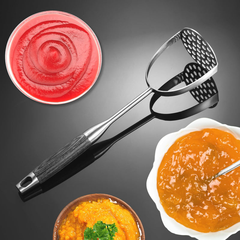 Potato Masher Stainless Steel, Heavy Duty Mashed Potatoe Masher,Professional Integrated Food Masher for Avocado, Potatoes, Beans, Meat, Vegetables (Black wooden handle Masher) Black wooden handle Masher