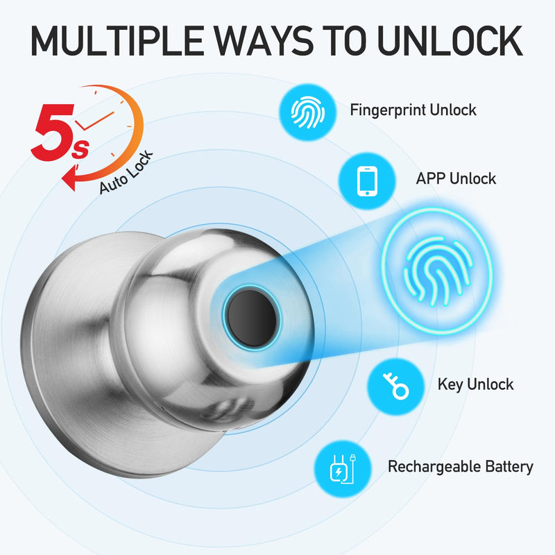Fingerprint Door Lock, Smart Door Knob with Lock, Biometric Door Lock | Keyless Door Locks for Bedrooms, Front Door, Home, Finger Print Door Knobs Satin Nickel, 1 Pack 1 Piece Fingerprint