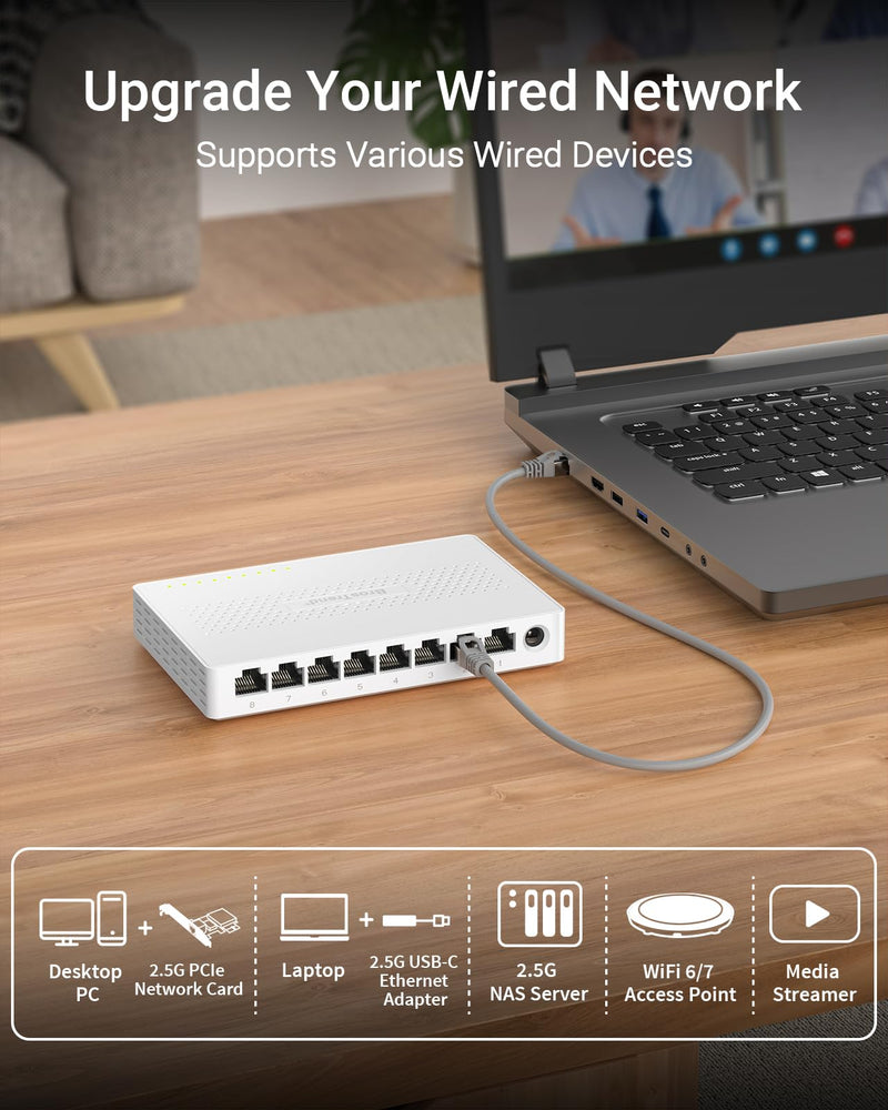 BrosTrend 8 Port 2.5G Network Switch, Unmanaged Ethernet Switch Multi-Gigabit + 2.5Gb Network Card, PCIe Network Adapter RJ45 NIC