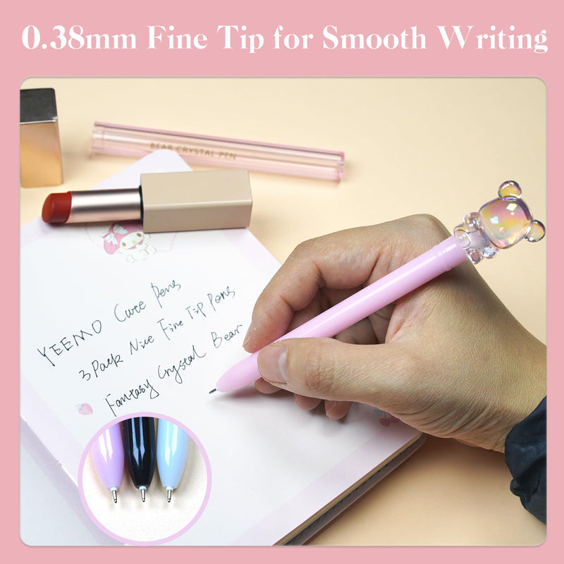 Cute Pens for Women – 3 Pack Nice Fine Tip Pens from the Fantasy Crystal Bear Collection, with Laser Pointer Pouch, Cute Stationary for Note Taking & Office Essentials