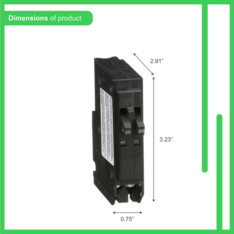 Square D - Tandem mini Circuit Breaker, QO, 2 x 1 Pole at 20A, 120/240VAC, 10kA, Plug in Mount, Clam Pack - QO2020C
