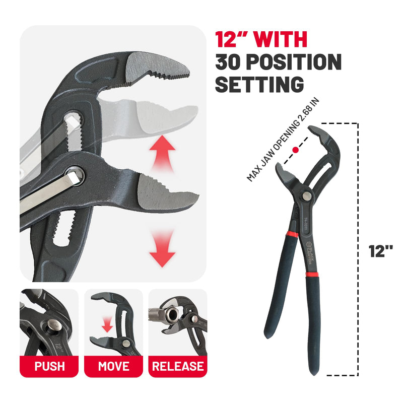 BLACK CANYON 12" Tongue and Groove Pliers, V-Jaw Groove Joint Plier with 25 Adjustable Positions, Heavy Duty 50 Cr-V Steel, Non-Slip Ergonomic Handle for Plumbing, Nuts, Bolts & Automotive Repair 12 IN