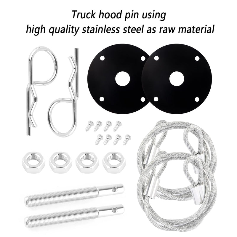Hood Pins Kit for Car - Stainless Steel Hood Pin Lock Clip with Racing Lanyard for Fixing Car Hood Cover & Reduce Shaking - Universal Car Mods Exterior Accessories Fits Most Car Truck SUV(Black) Black