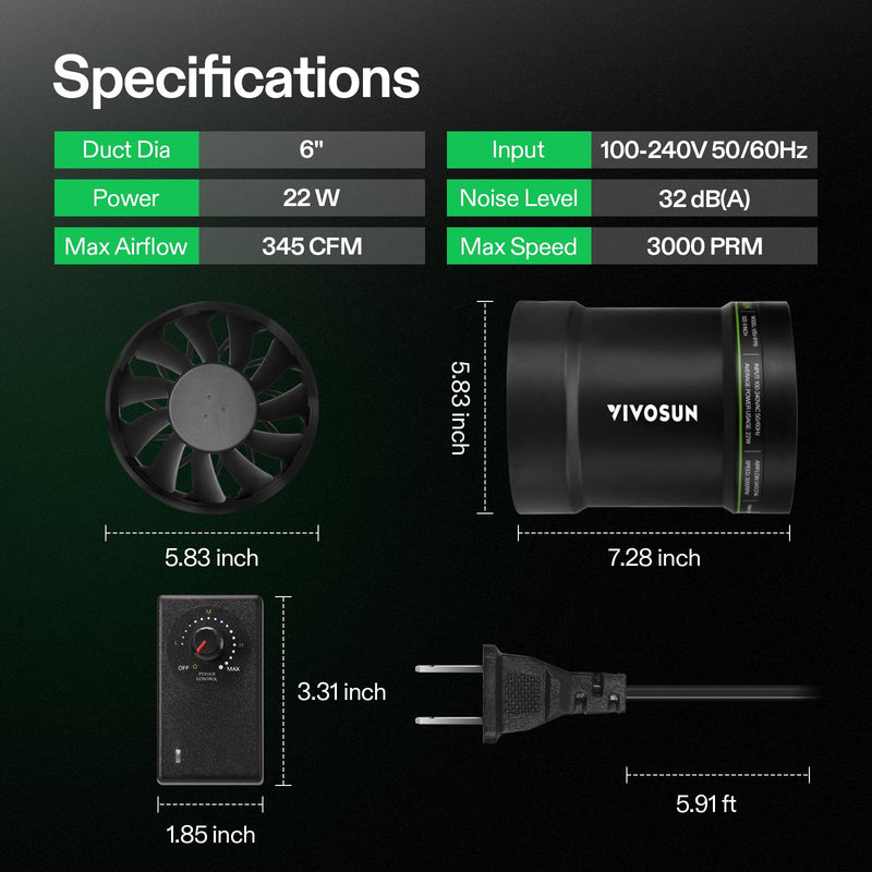 VIVOSUN 6" Inline Exhaust Fan & Speed Controller, Low Noise Workshop 345 CFM Duct Fan for HVAC Ventilation, Vent Booster Fan in Grow Tent, Basement, Bathroom, Kitchen, Attic, 3D Printer 6" Pro