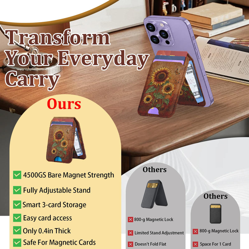 bolimoss Sunflowers Magnetic Wallet Stand,Leather Card Holder with 3 Card Slots & 2 Rings, Phone Wallet with Adjustable Stand for Phone Case,Magnetic Wallet for iPhone 17/16/15/14/13/12 Series(Brown) Fall Sunflowers