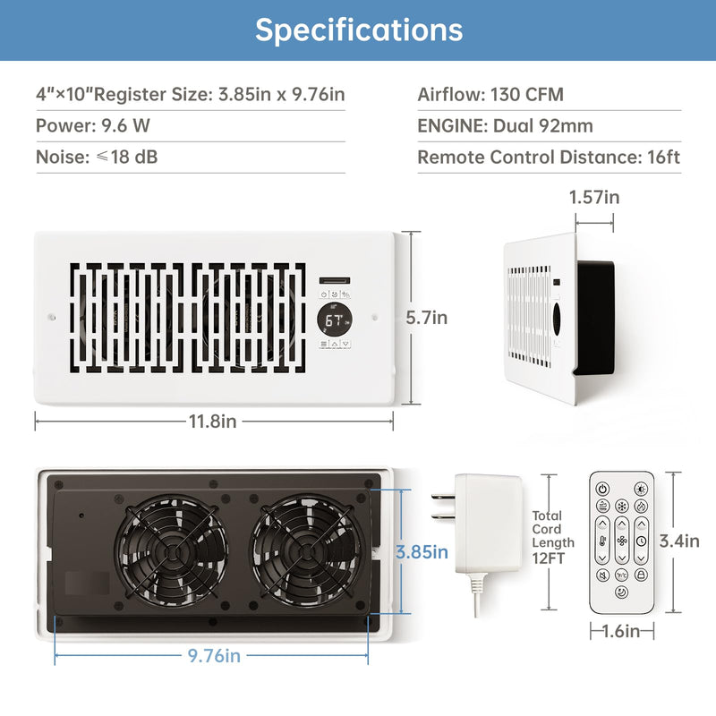 Smart Register Booster Fan Fits 4" x 10" Register Holes, 10-Speed Quiet Vent Fan Booster, Smart Thermostat Control for Improves Heating and Cooling with Remote for Floor or Wall Vents 4" x 10" Coconut White