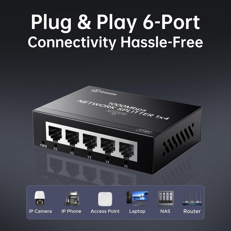 4-Port Ethernet Splitter, Gigabit LAN Network Hub Adapter 1 to 4, Plug & Play Internet Cable Connector for Home/Office/School, Cat6 RJ45 Splitter for PC/Modem/Router/Gaming (1000Mbps)
