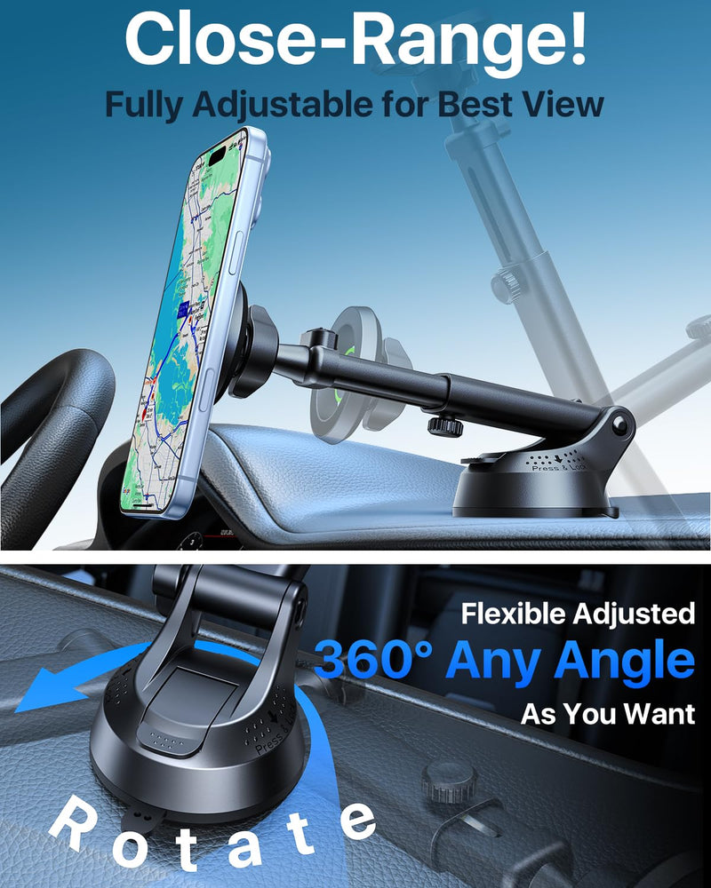 YRU [2025 Military-Grade] for Magsafe Car Mount [90+LBS Strong Suction] 360° Adjustable Magnetic Phone Holder for Car Dashboard Windshield Vent, Cradle for iPhone 17 16 15 14 13 12 Samsung, Black