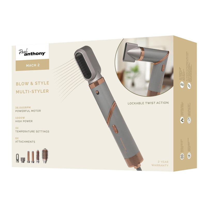 Paul Anthony 'MACH 2' 1000W Multi-Function Folding Blow Dryer and Hair Styler, High Power Motor, 3 Temprature Settings, Lockable Twist Design, 6X Lockable Attachments, Ideal for Men and Women H1201. 1000W Multi Styler Mach 2