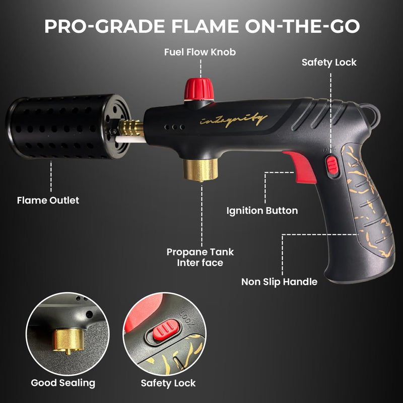 inZaynity® Propane Torch Gun for Grill & BBQ - High Power Handheld Blow Torch with Adjustable Flame & Safety Lock - Portable Fire Starter for Cooking, Searing,Charcoal & Outdoor Use(Tank Not Included)