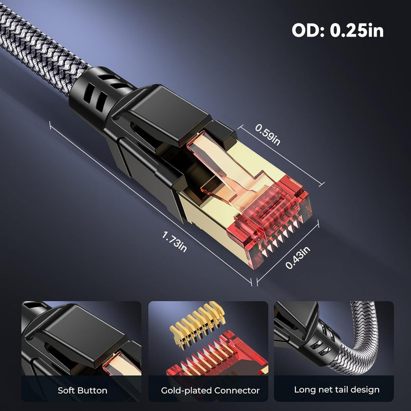 Cat 8 Ethernet Cable 40 ft, 40Gbps 2000Mhz High Speed Gigabit LAN Internet Cables,RJ45 Patch Cord Braided Round S/FTP Network Cable,for Smart Home,Office,Gaming,Modem, Router 40ft