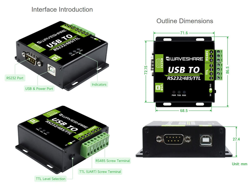 Waveshare USB to RS232 / RS485 / TTL Industrial Isolated Converter with Original FT232RL Embedded Protection Circuits and Aluminium Alloy Enclosure for Industrial Control Equipments USB TO RS232/485/TTL
